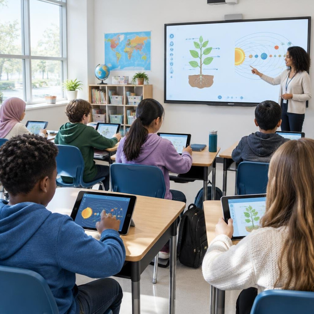 Students using tablets in a classroom