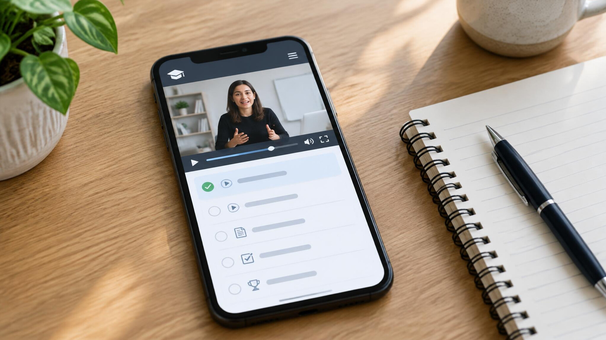 Smartphone displaying an e-learning app on a desk