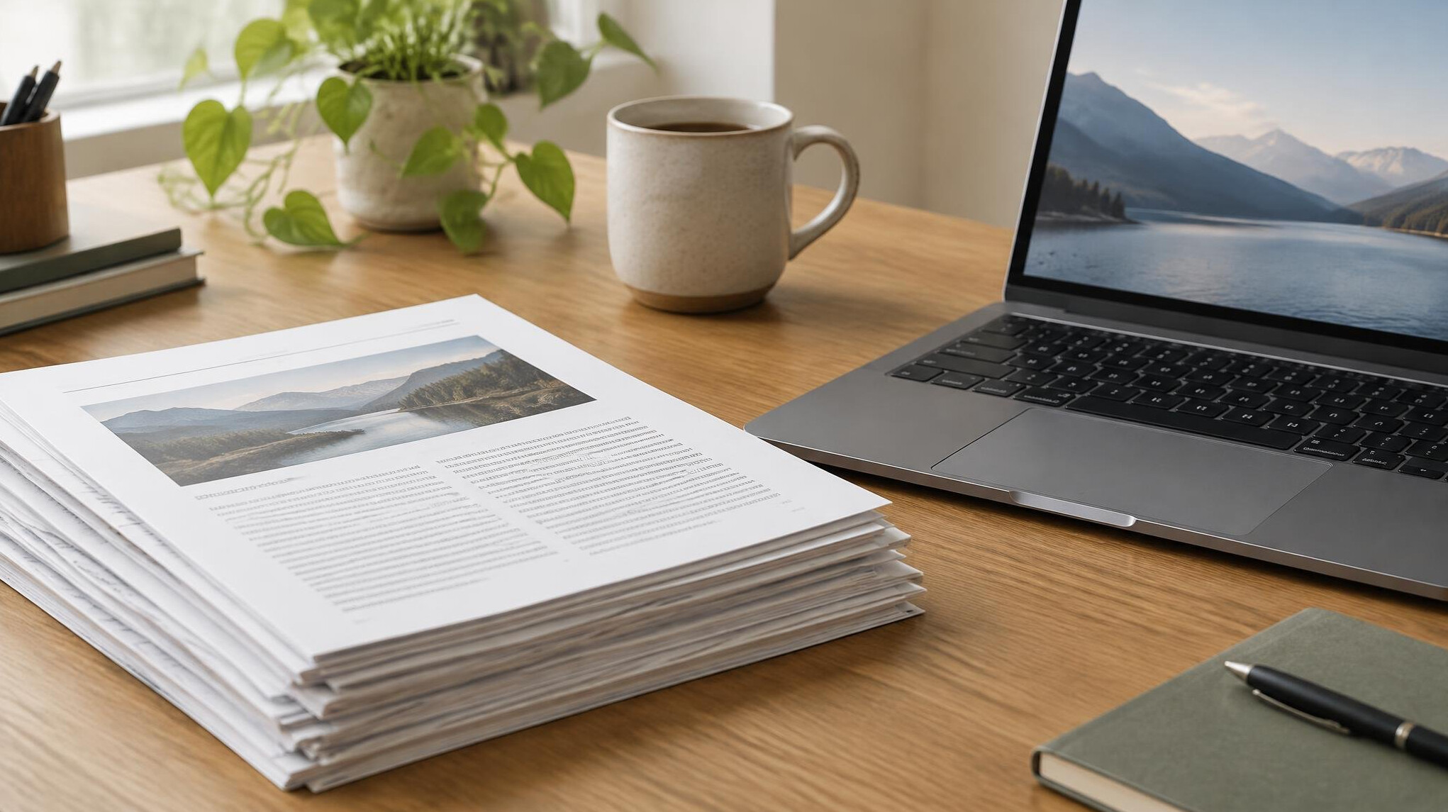 Stack of printed articles beside a laptop
