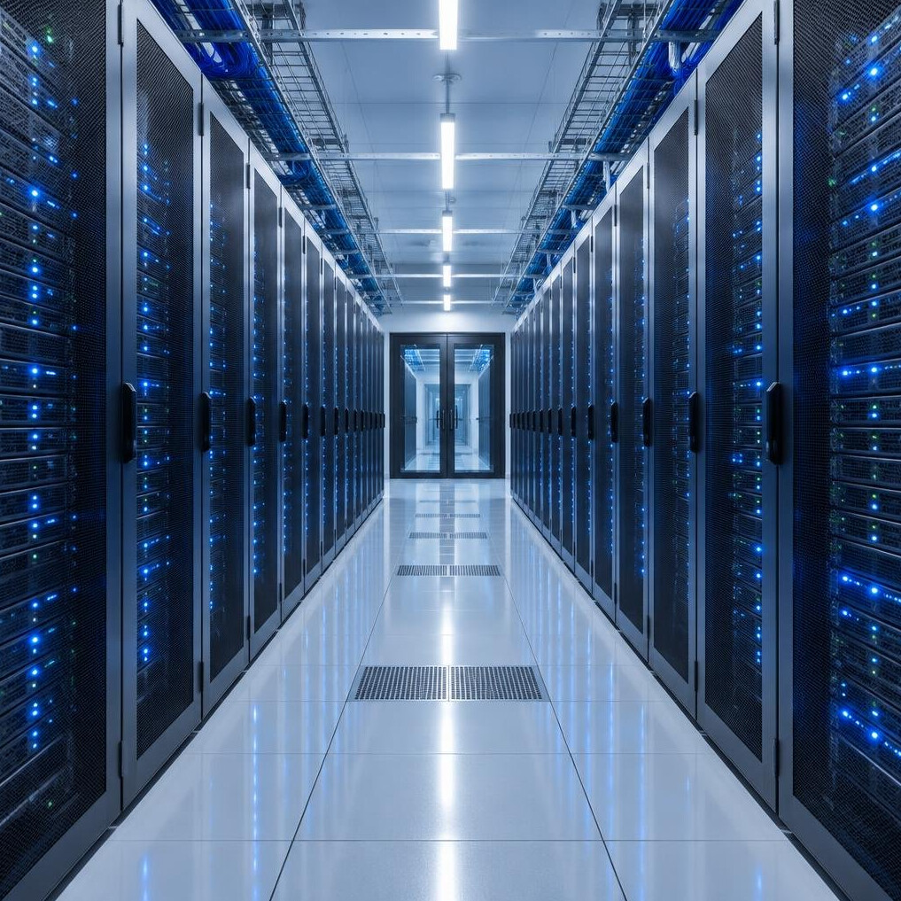 Data center corridor with server racks