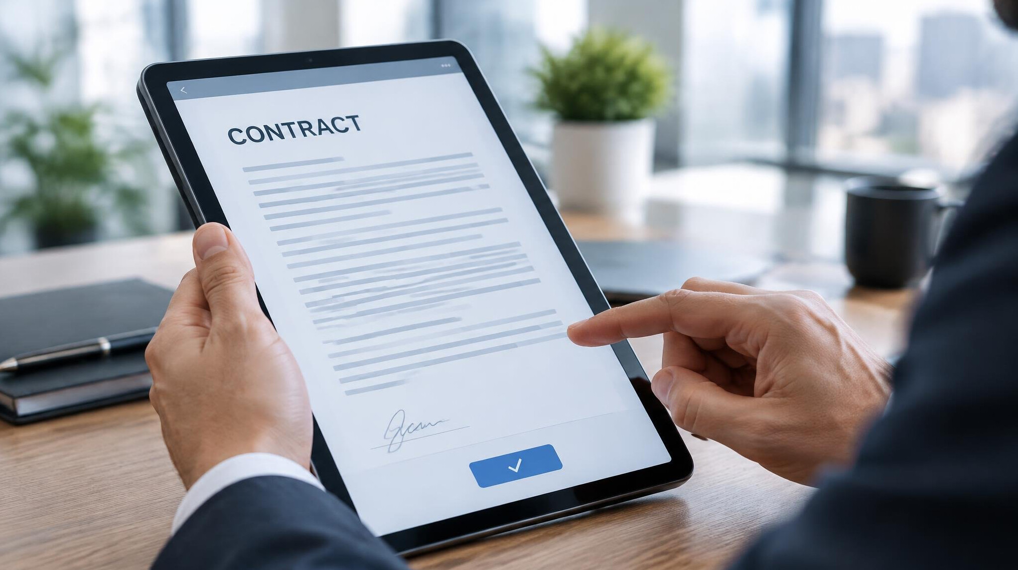 Hands reviewing a digital contract on a tablet
