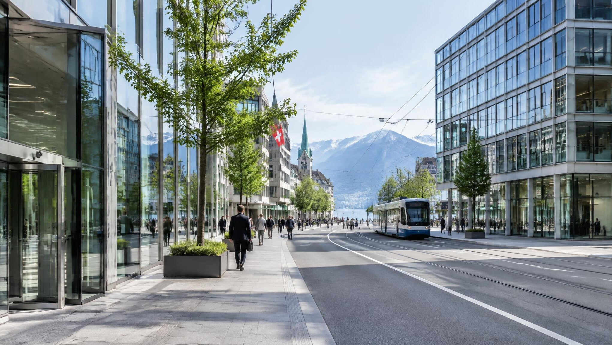 Modern Swiss city street with office buildings