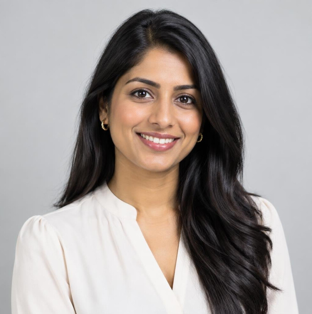 Portrait of a woman with long dark hair smiling