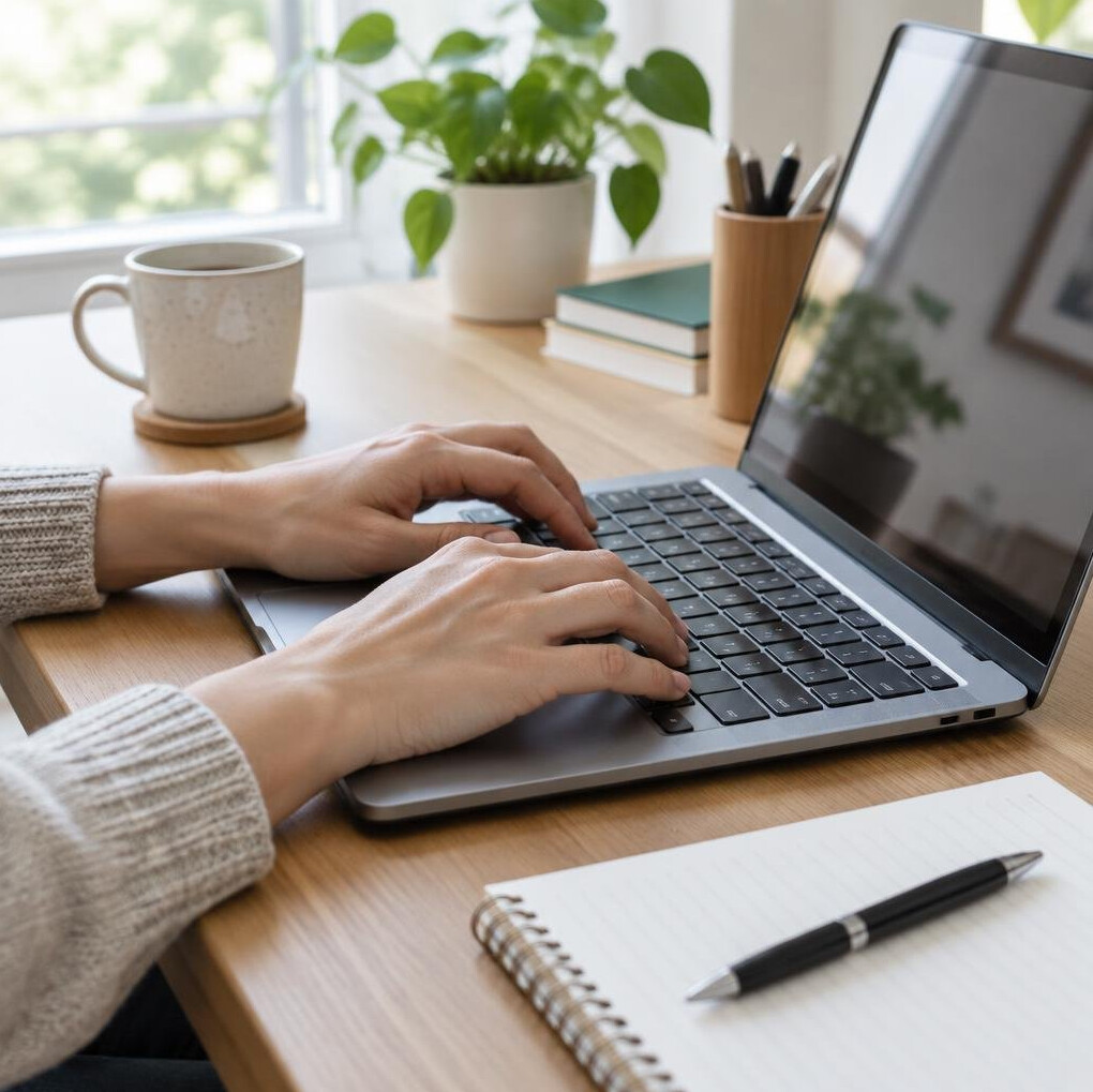 Hands typing on a laptop keyboard