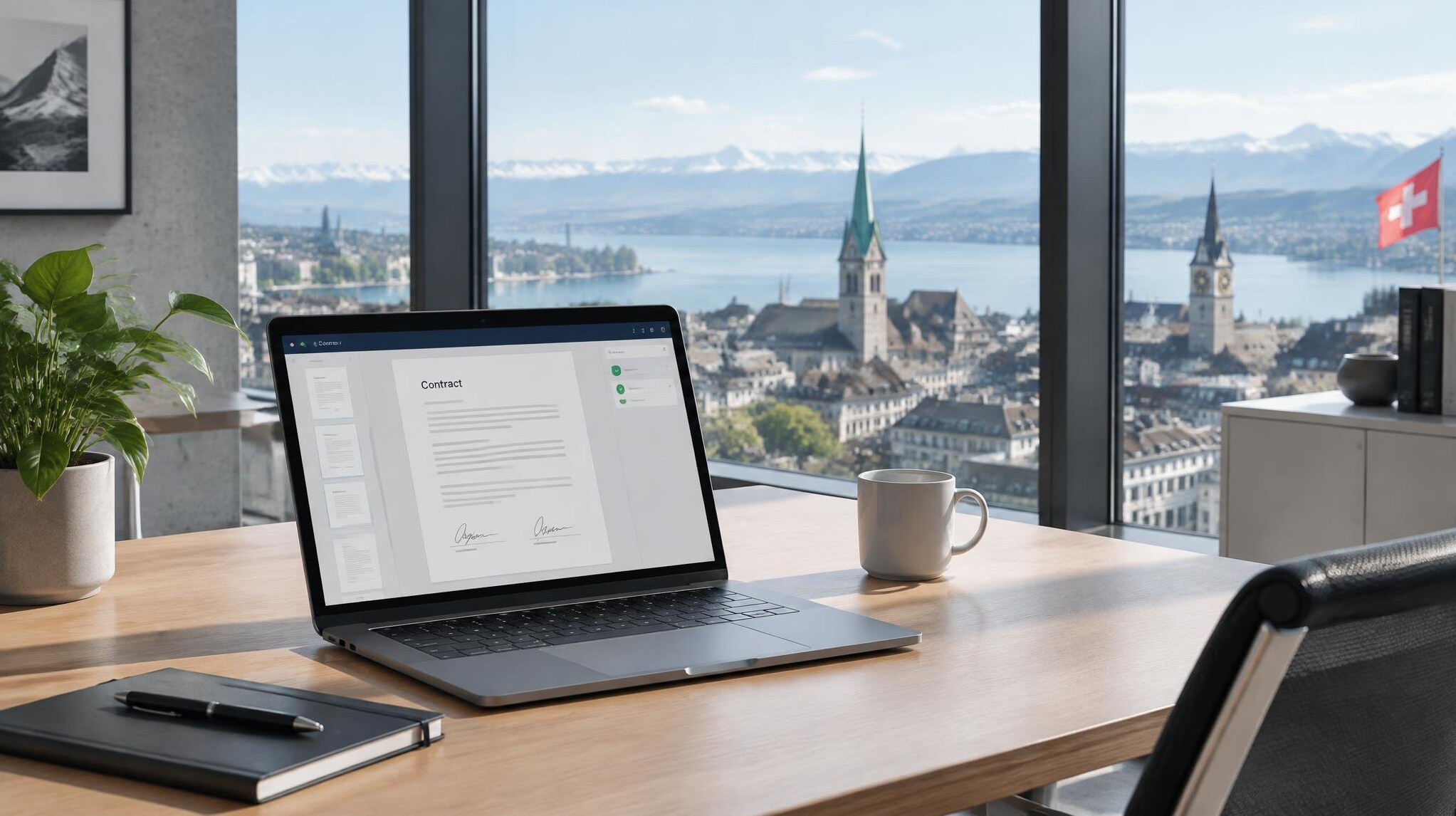 Modern office workspace with laptop and city view